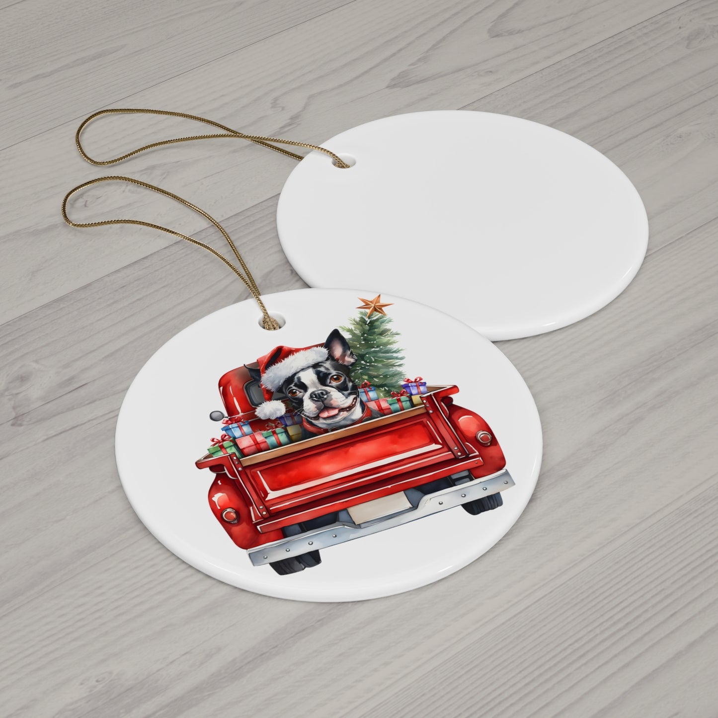 Boston Terrier Christmas Dog In Red Truck Ceramic Disc Ornament        Item #1816573