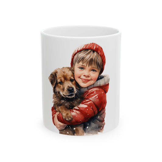 Holiday Kid & Puppy Mug - Cute Winter Boy Holding Dog Ceramic Coffee Cup 11oz  Item #643128