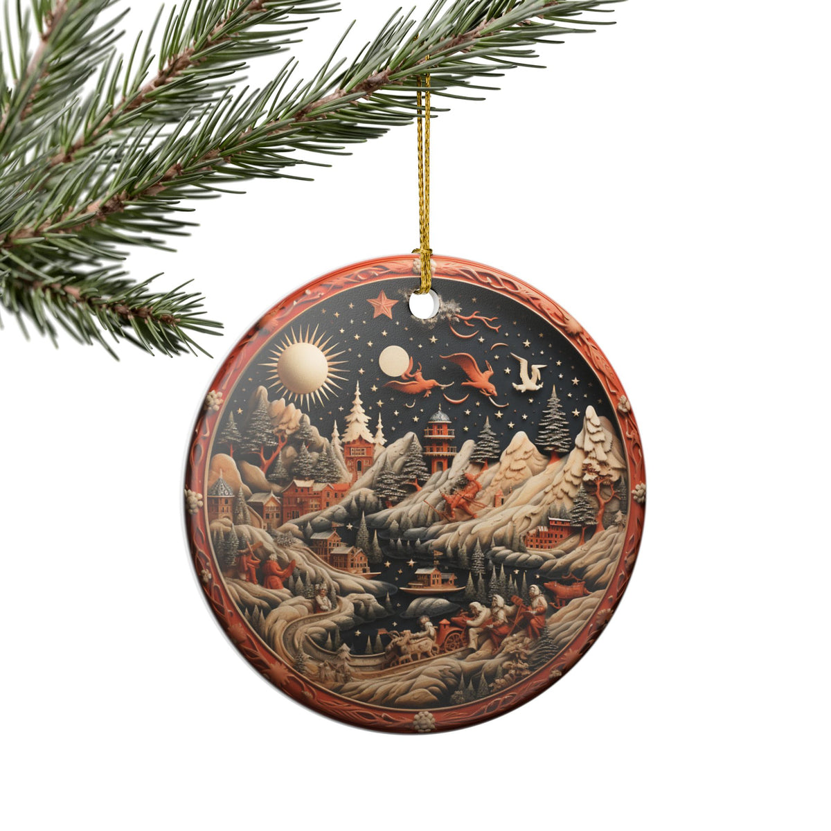 Ceramic Christmas Ornament – Enchanted Winter Village Scene    Item #526725