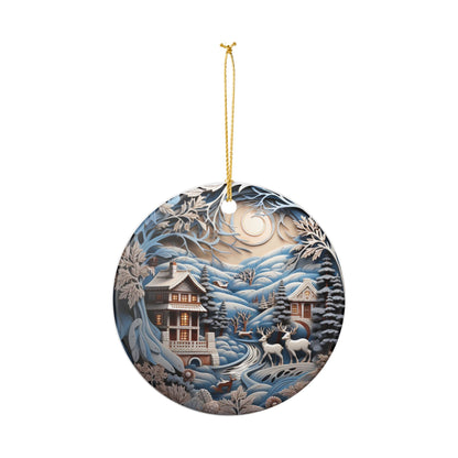 Winter Cabin Deer Ceramic Ornament   Item #391925