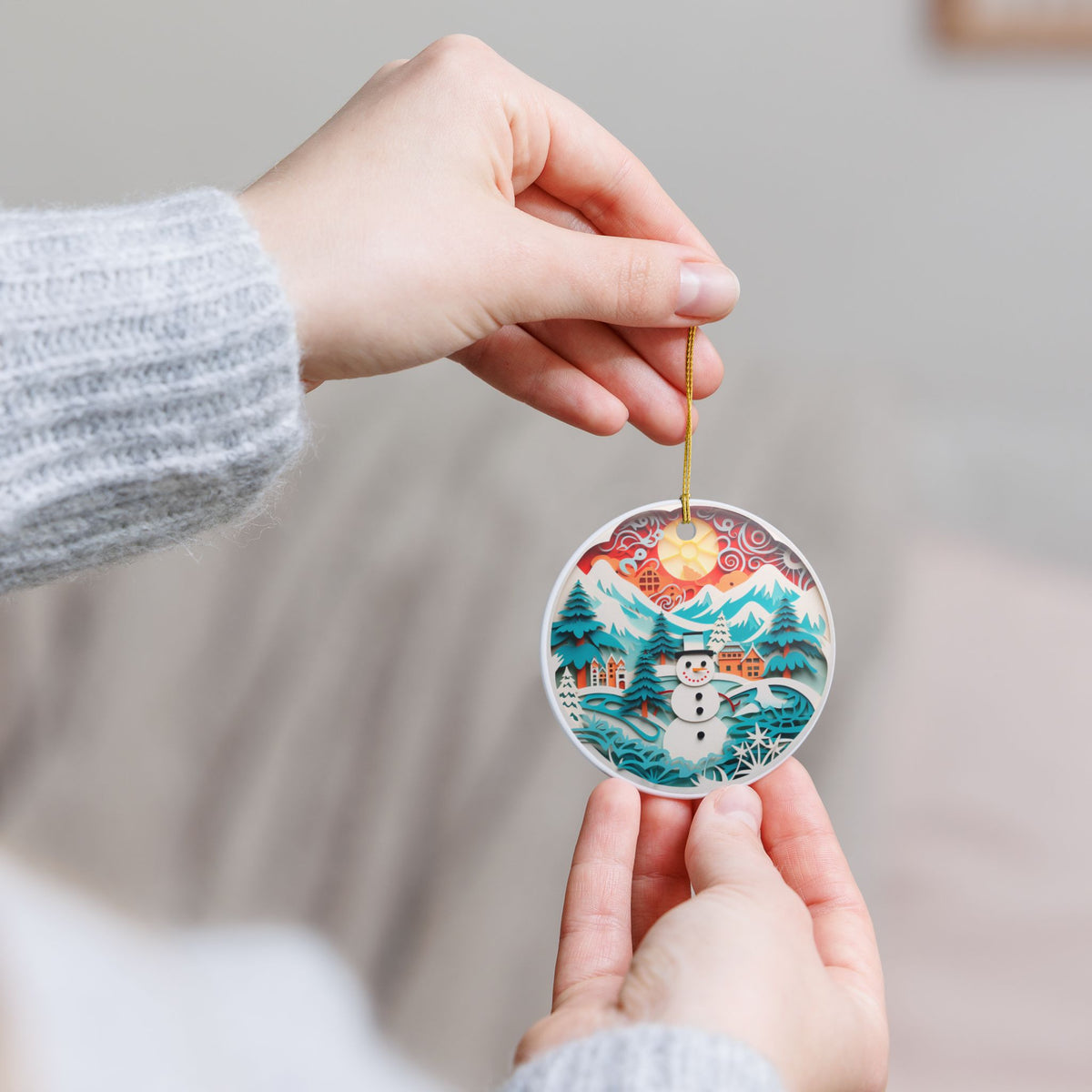 Ceramic Christmas Ornament – Winter Wonderland Snowman Mountain Scene   Item #826779
