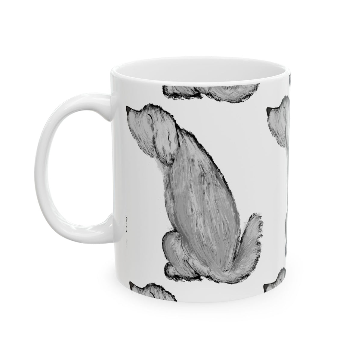 Dog Sketch Pattern Mug — Black & White Pawprint Ceramic Coffee Cup 11oz  Item #46642