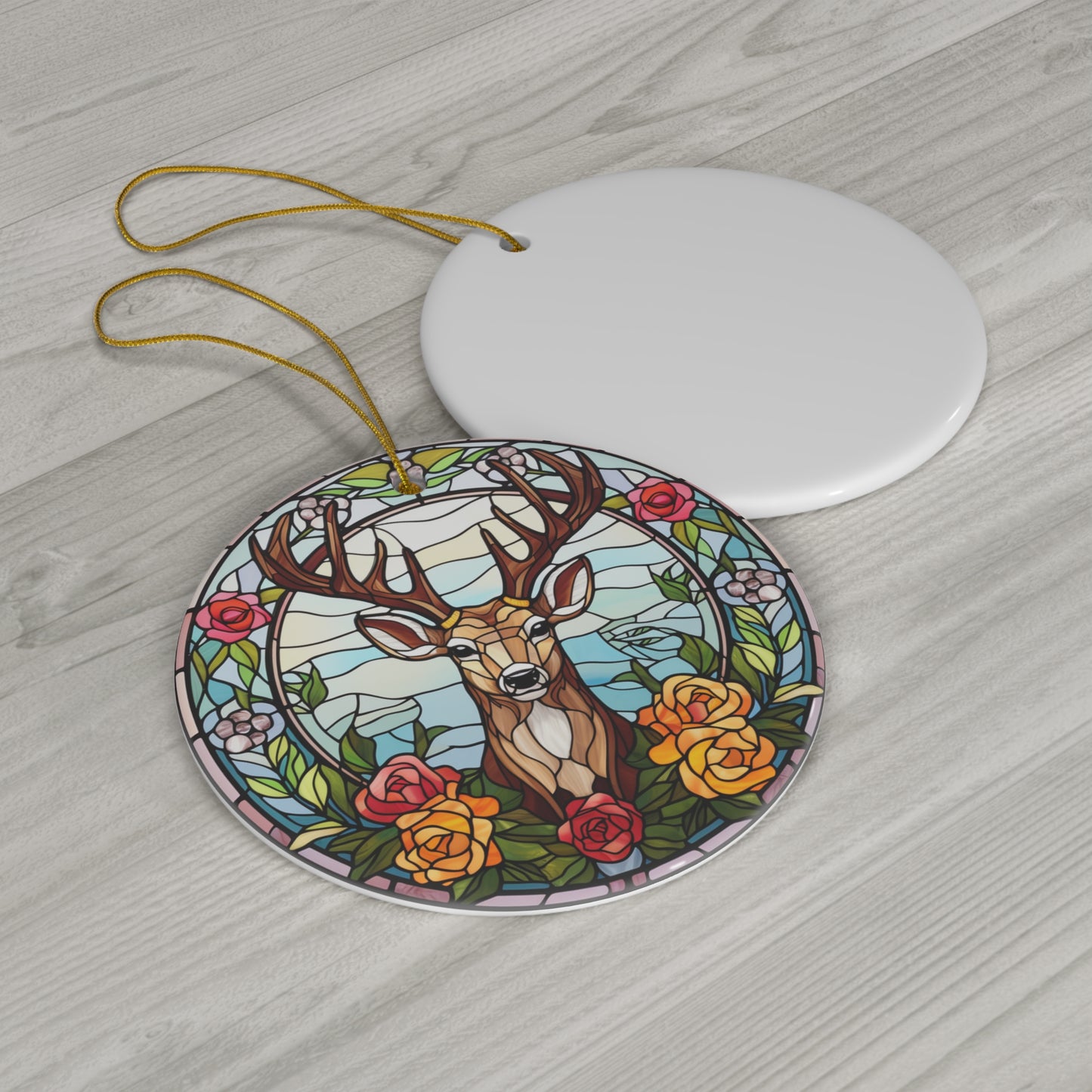 Christmas Deer With Flowers Ceramic Ornament         Item #7100729