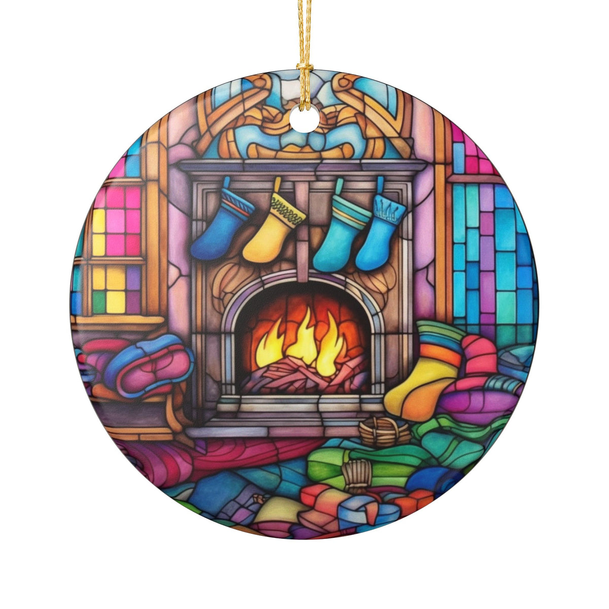 Cozy Christmas Fireplace Stained Glass Ceramic Ornament     Item #534856