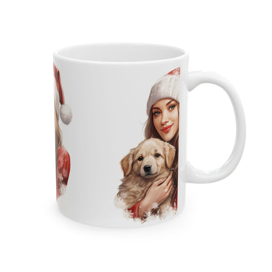 Christmas Girl with Puppy Ceramic Mug – Holiday Santa Hat Coffee Cup 11oz   Item #897846