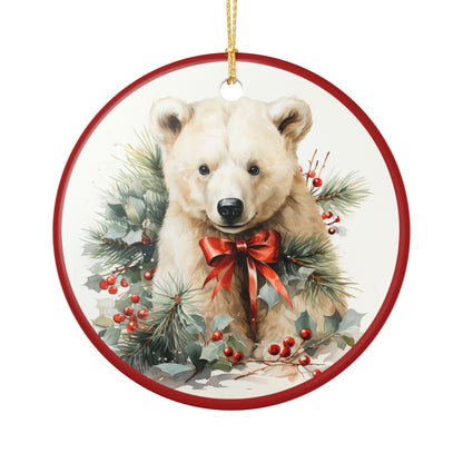 Ceramic Christmas Ornament – Polar Bear with Red Bow and Winter Greenery  Item #729052