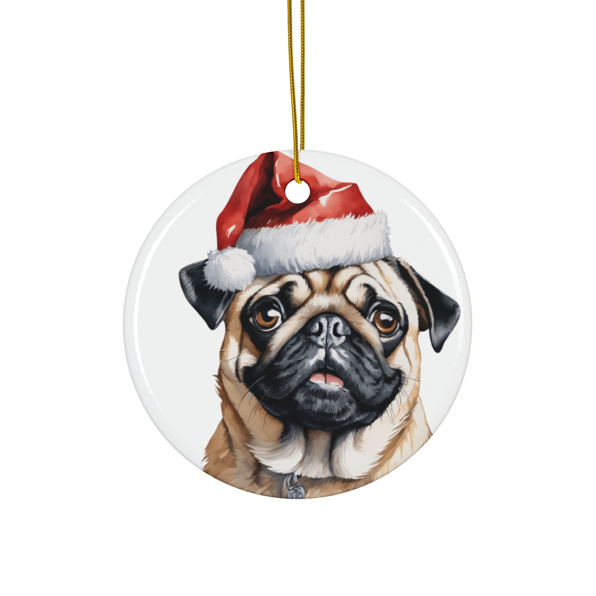 Pug Dog With Santa Hat Ceramic Disc Ornament           Item #4185094