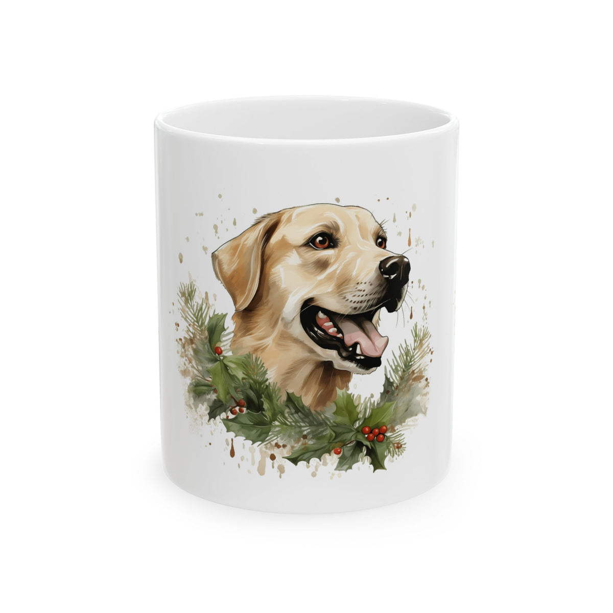 Holiday Dog Ceramic Mug — Festive Wreath Dog Coffee Cup 11oz  Item #273317