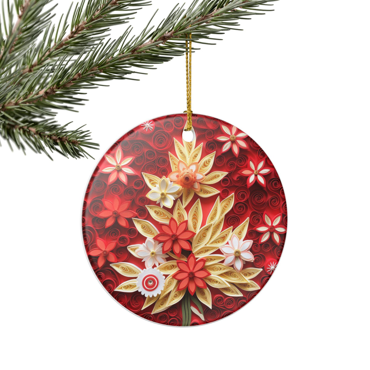 Red Floral Ceramic Christmas Ornament   Item #171096