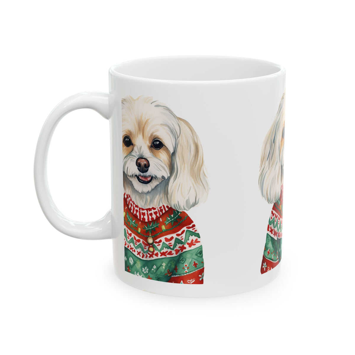Cute Dog in Christmas Sweater Ceramic Mug — Holiday Pet Coffee Cup 11oz   Item #802478