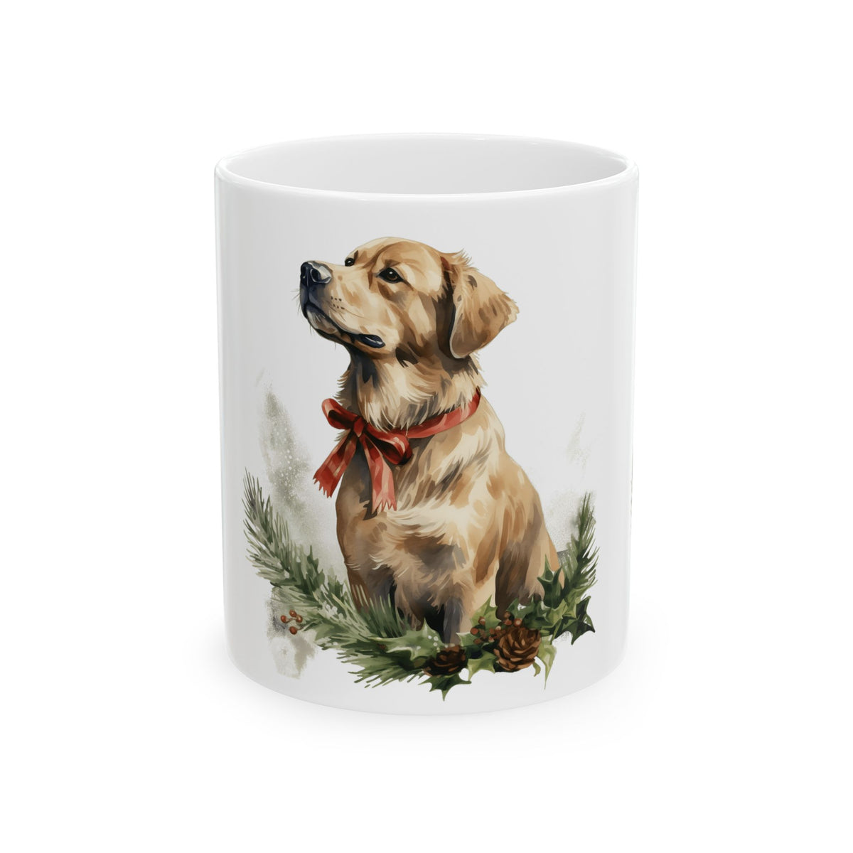 Golden Retriever Holiday Mug — Festive Dog Coffee Cup with Red Bow & Pine Wreath 11oz  Item #22897