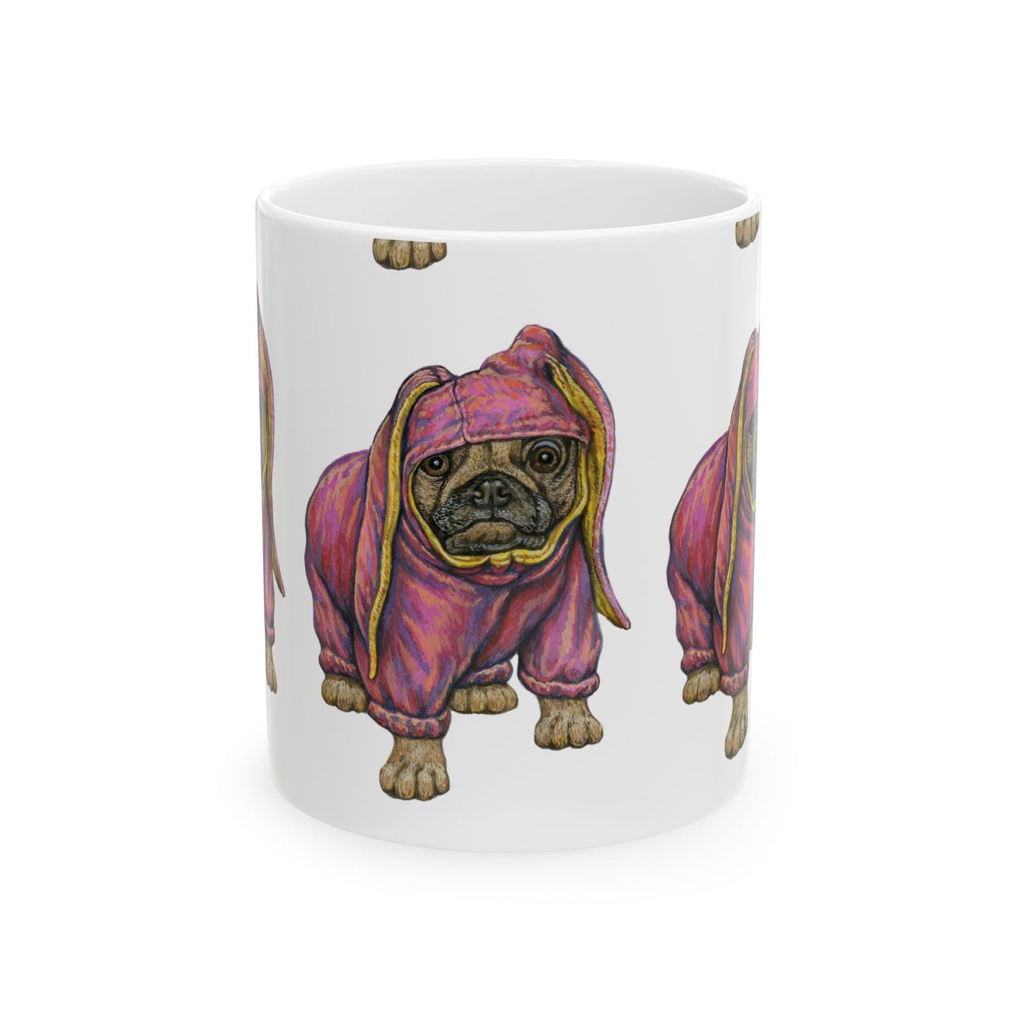 Pug in Pink Hoodie Ceramic Mug 11oz— Cute Dog Lover Coffee Cup  Item #8154