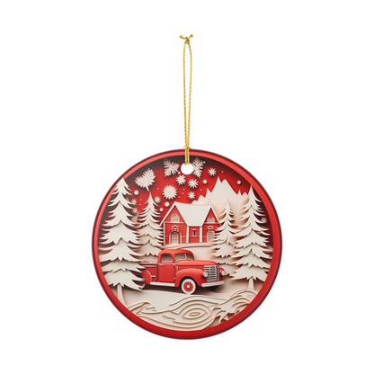 Christmas Ceramic Ornament, Vintage Red Truck Winter Cabin Scene   Item #360873