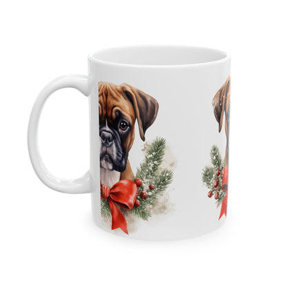 Boxer Dog Christmas Mug — Festive Boxer Portrait Ceramic Coffee Cup 11oz   Item #849429