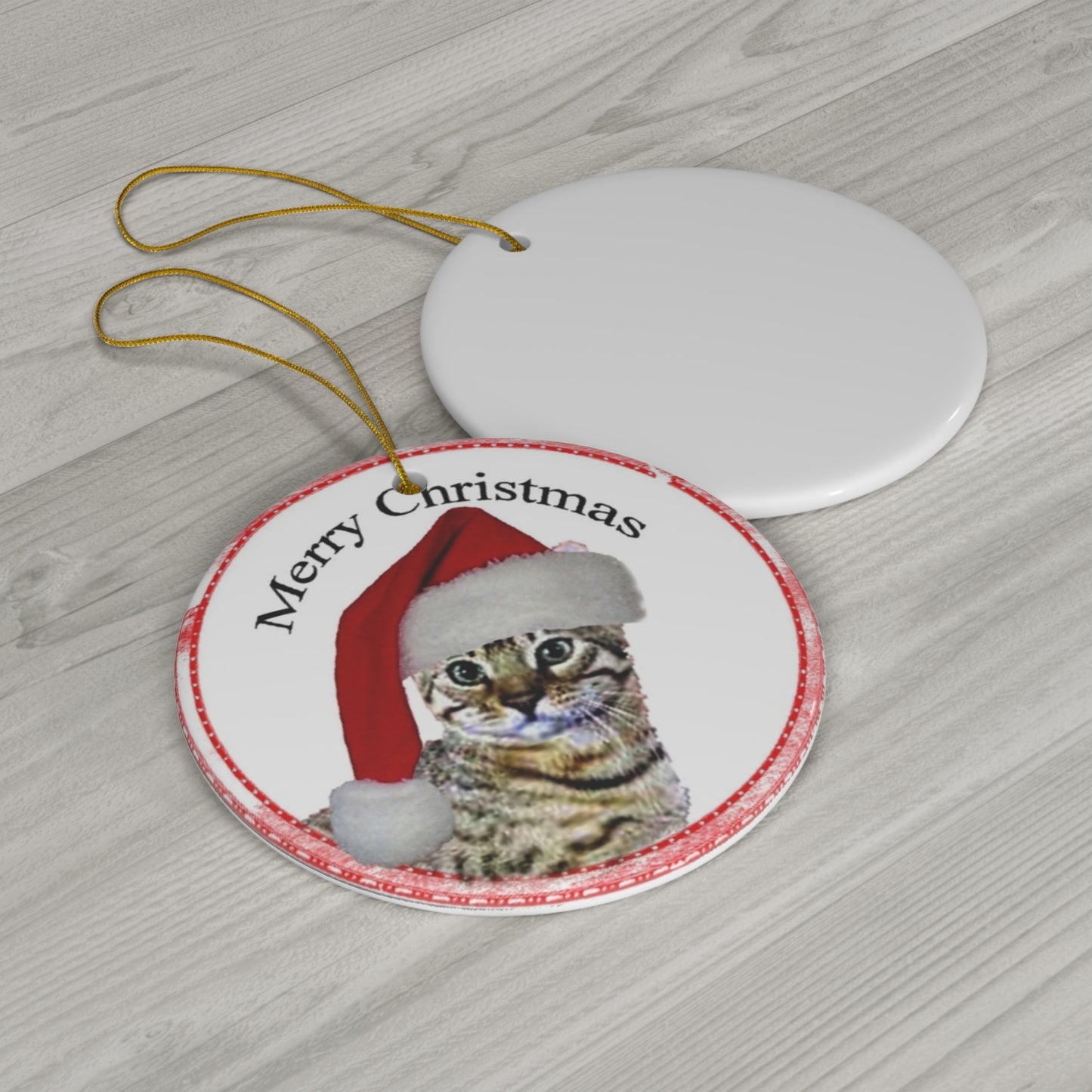 Merry Christmas Cat Ceramic Disc Ornament        Item #7481007