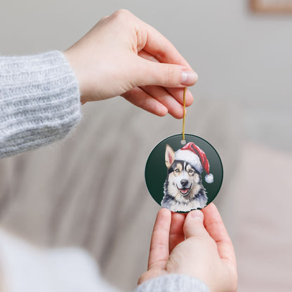 Ceramic Ornament – Christmas Husky Dog in Santa Hat    Item #667207