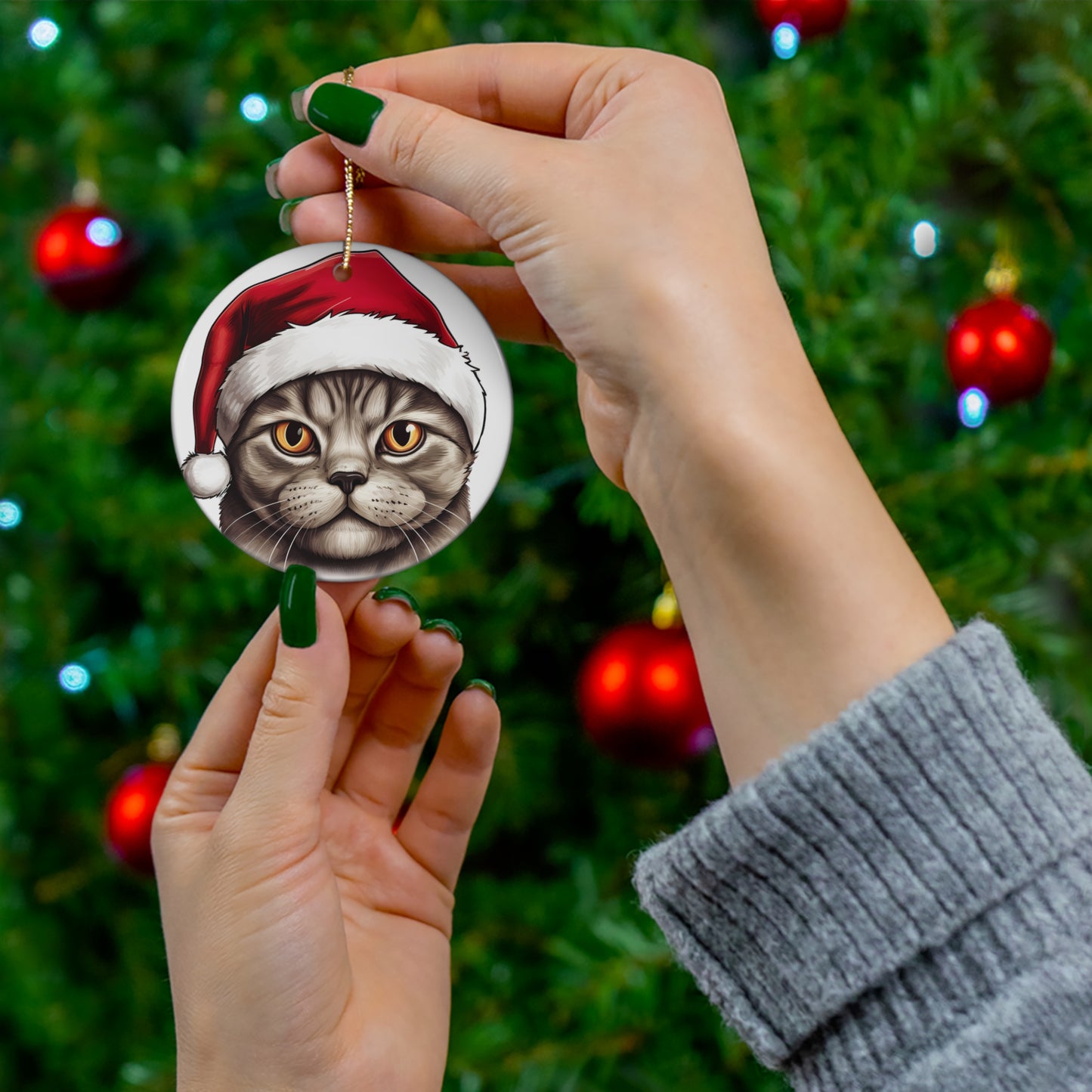 Scottish Fold Cat With Santa Hat Ceramic Ornament     Item #8690164