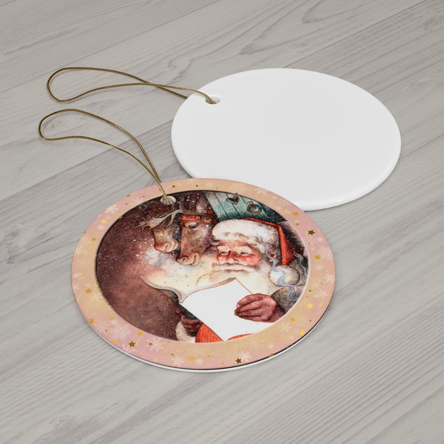 Santa And Reindeer Ceramic Disc Ornament        Item #1866185