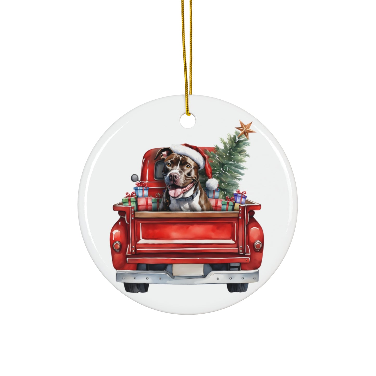 American Pit Bull Christmas Dog In Red Truck Ceramic Disc Ornament         Item #3586144