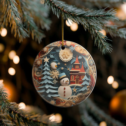 Vintage Winter Snowman Ceramic Ornament    Item #314309