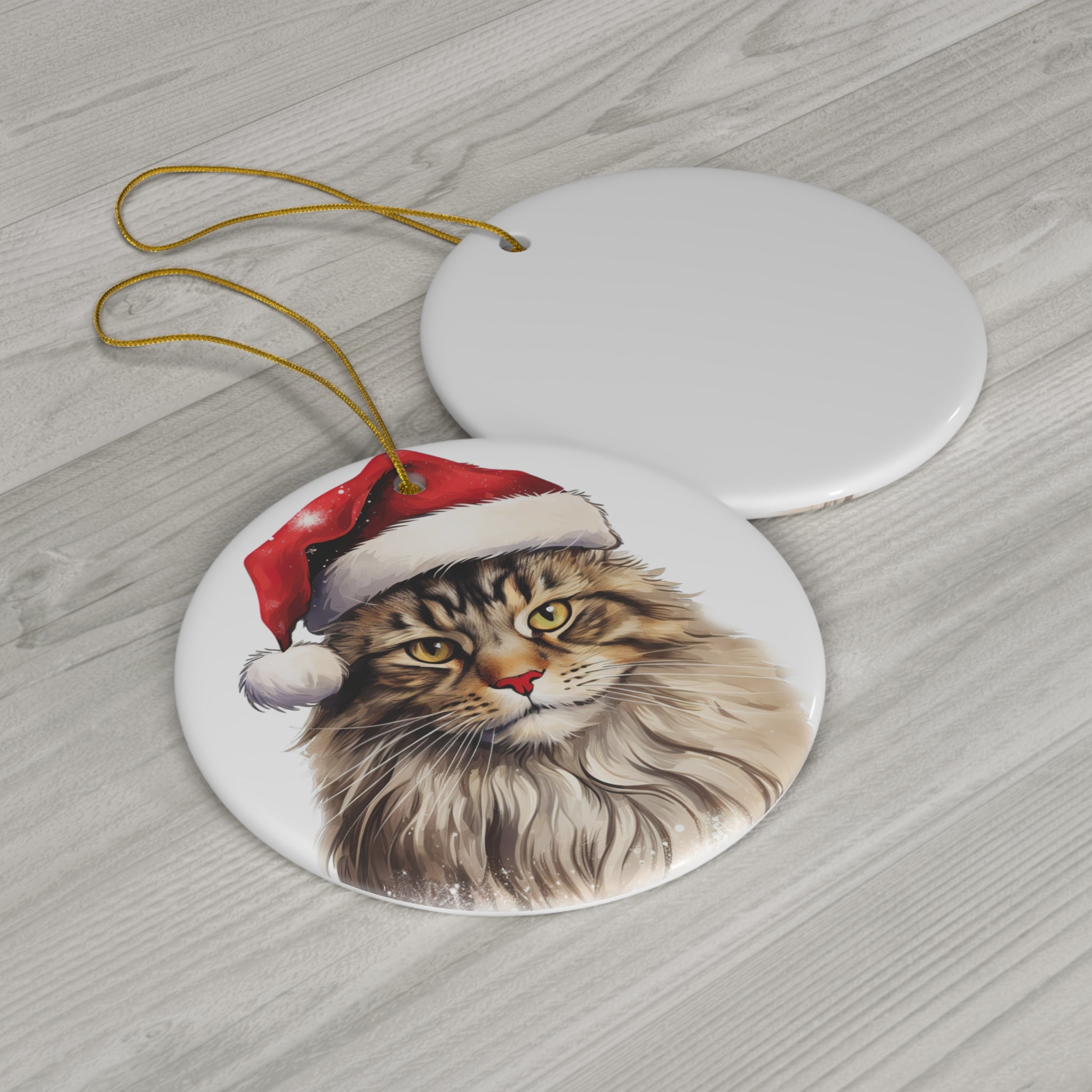 Maine Coon Cat With Santa Hat Ceramic Ornament        Item #8172014