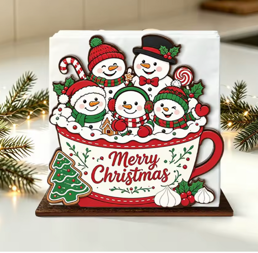 Snowman Family In Cup Wooden Napkin Holder By Santa's Creations