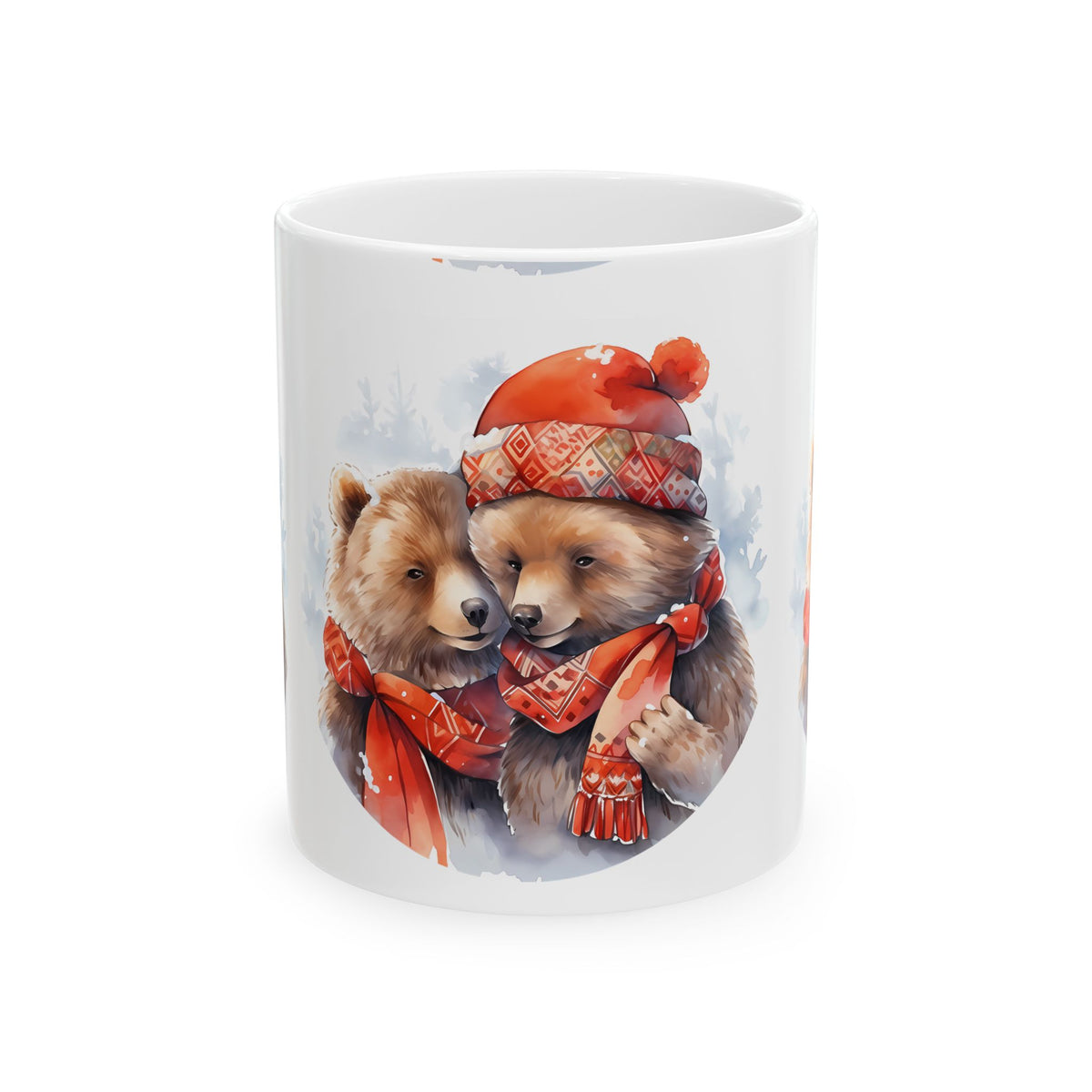 Cozy Winter Bear Couple Ceramic Mug — Cute Bears in Red Hats & Scarves 11oz   Item #98824