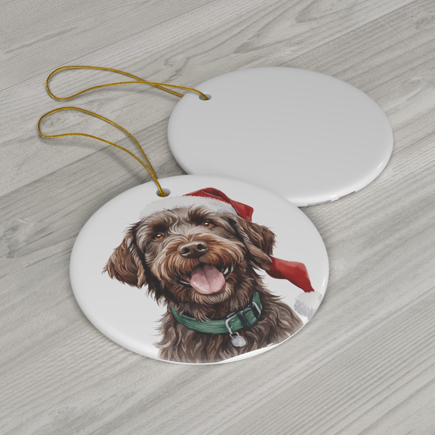 Wirehaired Pointing Griffon Dog With Santa Hat Ceramic Disc Ornament          Item #3793896