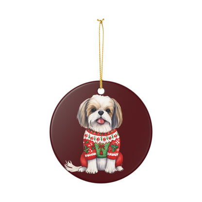 Christmas Shih Tzu Dog in Festive Sweater Ceramic Ornament   Item #783447