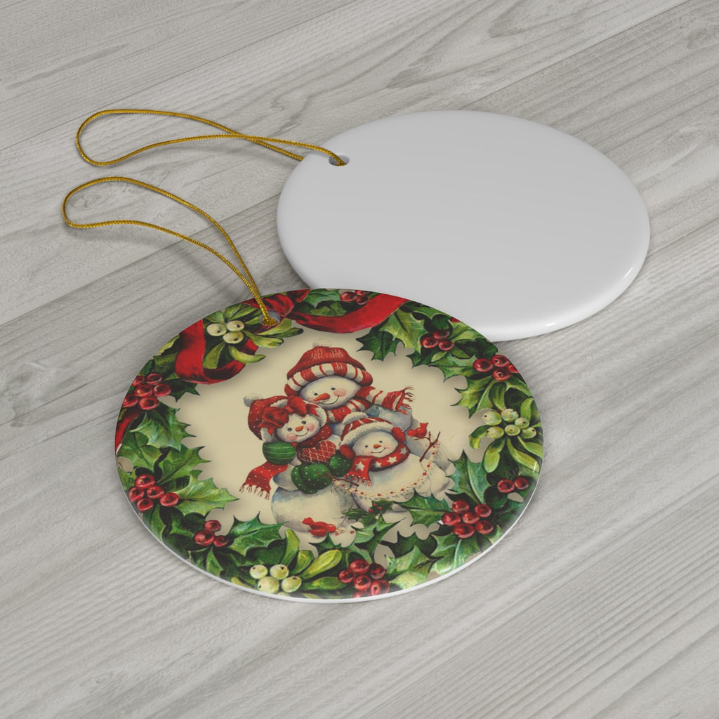 Wreath Snowmen Ceramic Disc Ornament        Item #9861743 - Buckshot's Bargain Barn
