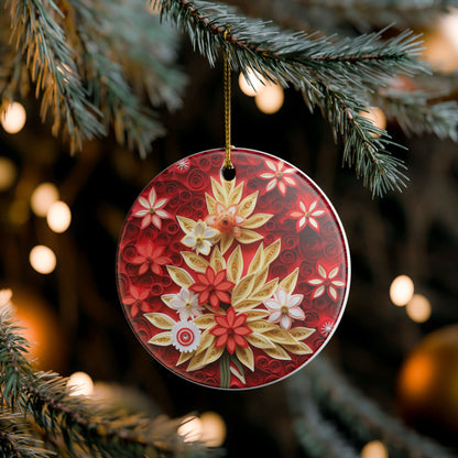 Red Floral Ceramic Christmas Ornament   Item #171096
