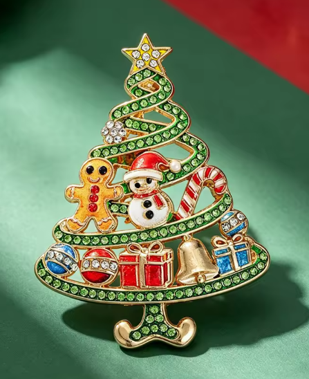 Santa’s Creations™ Christmas Tree Brooch Pin, Green Rhinestone Tree with Snowman, Gingerbread Man, Candy Cane and Gifts, Festive Holiday Jewelry     Item #651958