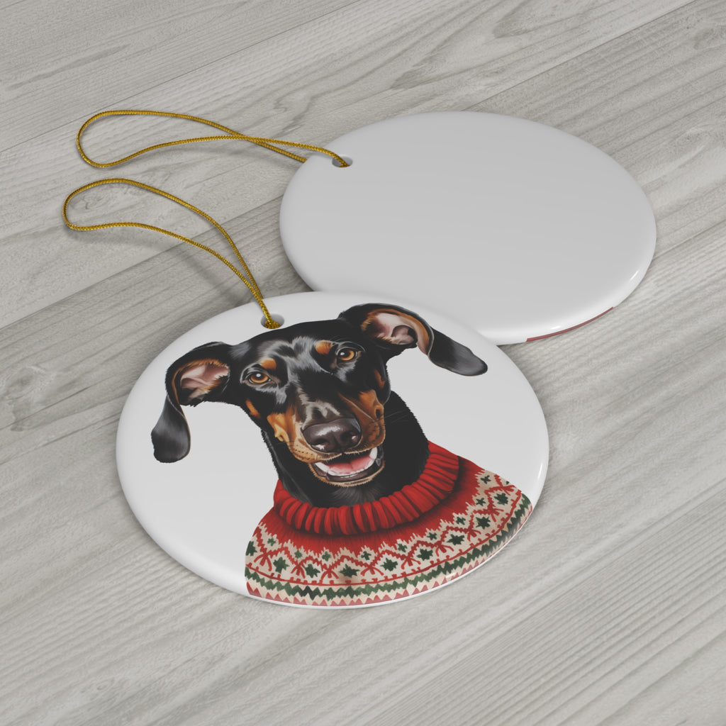 Dog With Christmas Sweater Ceramic Disc Ornament             Item #6804797