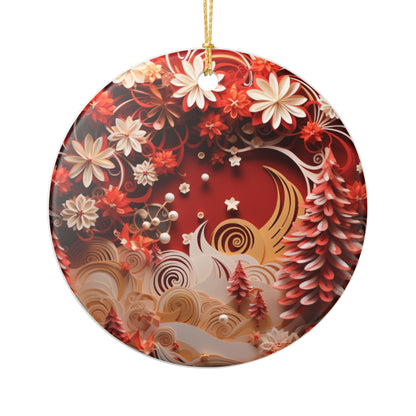 Red Floral Crescent Moon Ceramic Christmas Ornament   Item #11887
