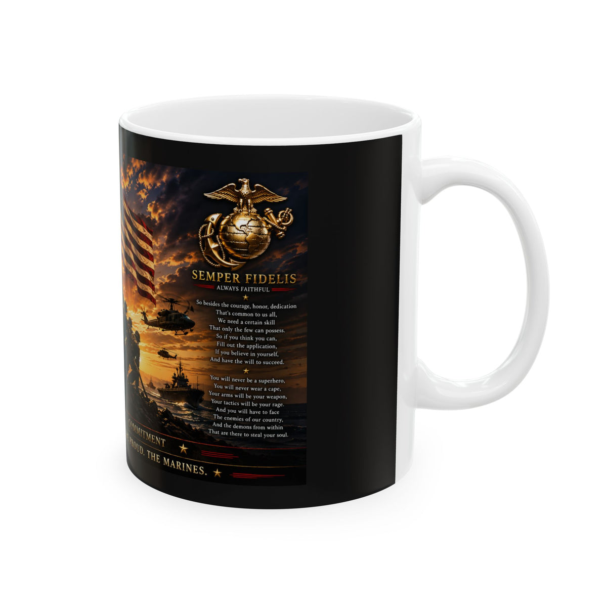 Marine Corps Memorial Ceramic Mug – Iwo Jima Flag Raising with Hymn & US Flag 11oz  Item #10015