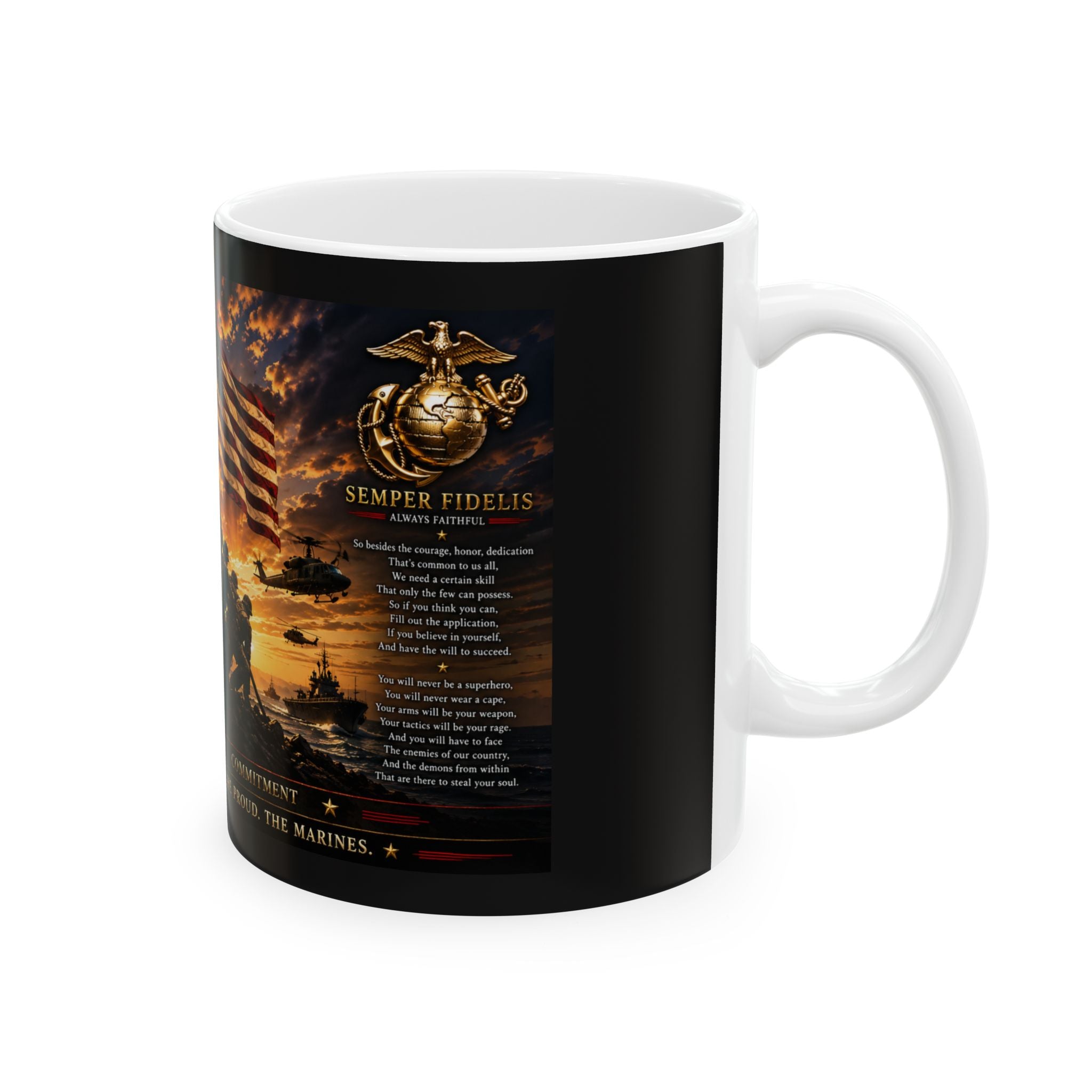 Marine Corps Memorial Mug – Iwo Jima Flag Raising with Hymn & US Flag 11oz  Item #10015