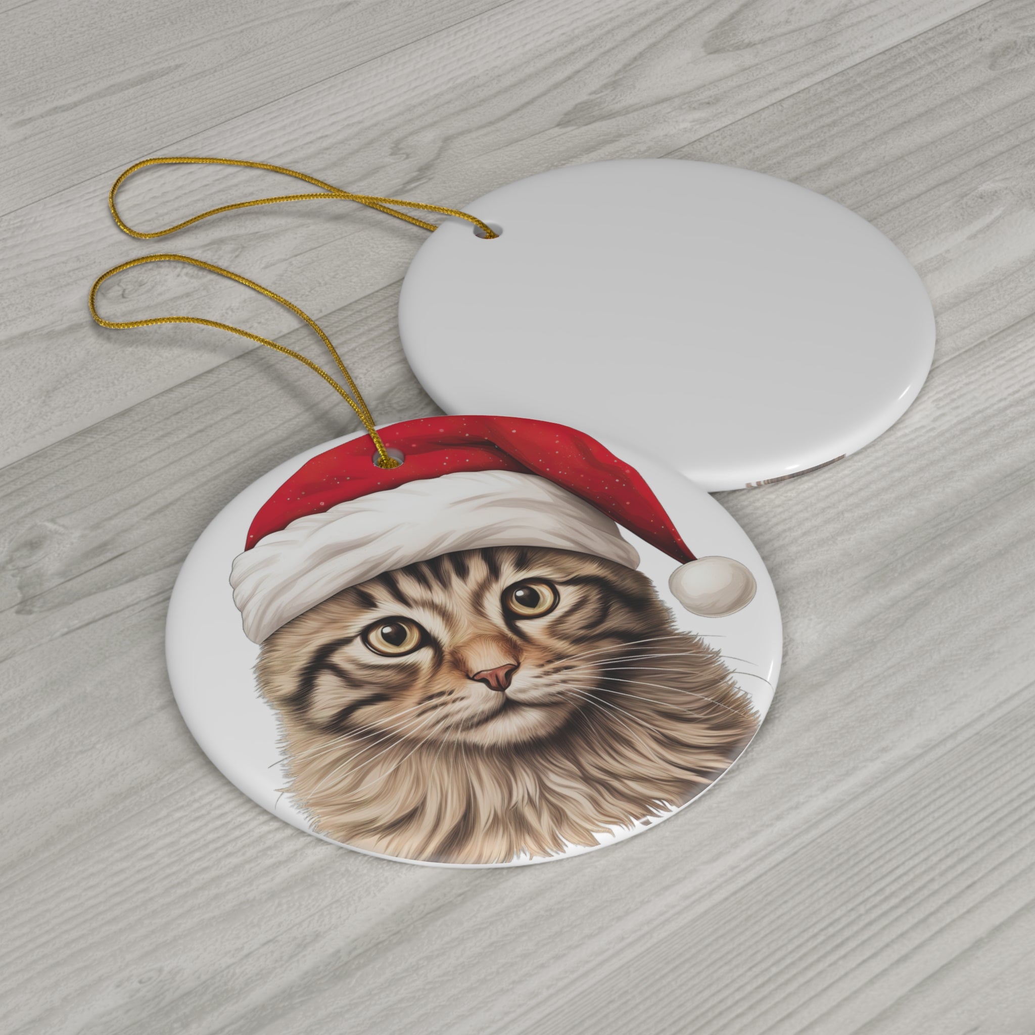 Ceramic Ornament - Seregeti Cat With Santa Hat      Item #400772