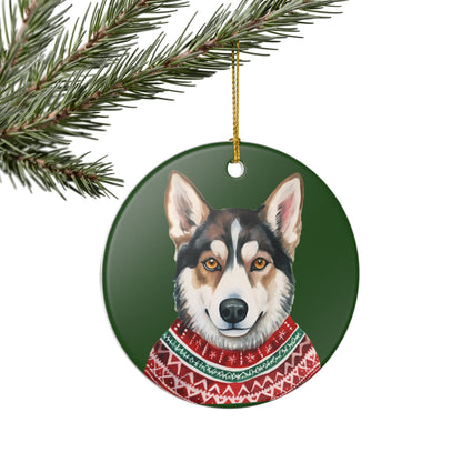Ceramic Christmas Ornament – Siberian Husky in Festive Sweater   Item #116334