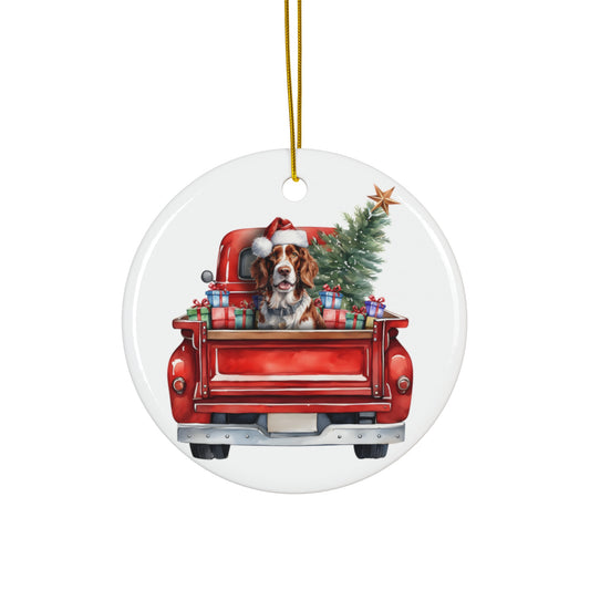 Welsh Springer Spaniel Christmas Dog In Red Truck Ceramic Disc Ornament         Item #5813329