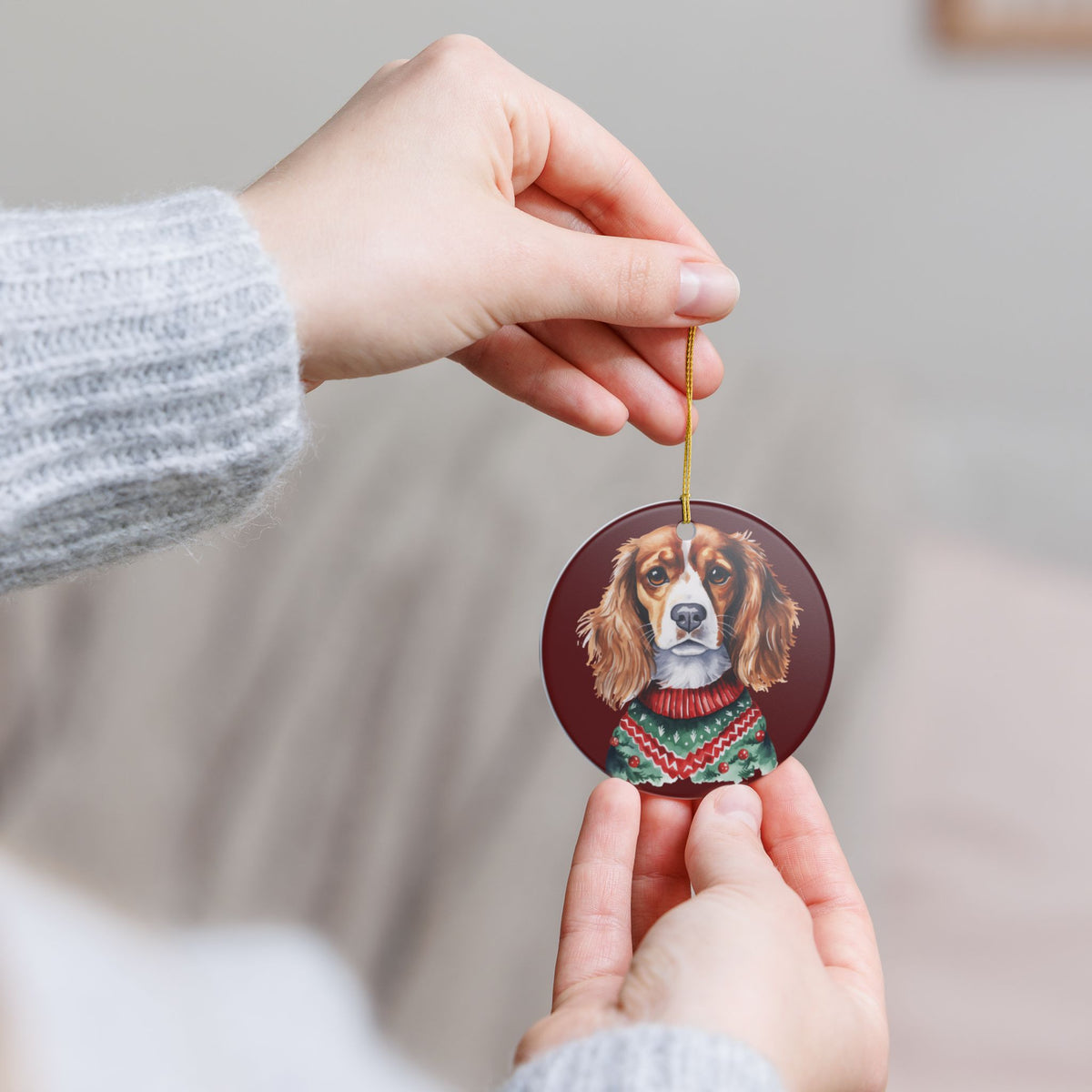 Ceramic Christmas Ornament – Cavalier King Charles Spaniel in Festive Sweater   Item #94782