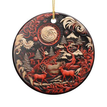 Ceramic Christmas Ornament with Rustic Red Reindeer and Winter Forest Design   Item #934612