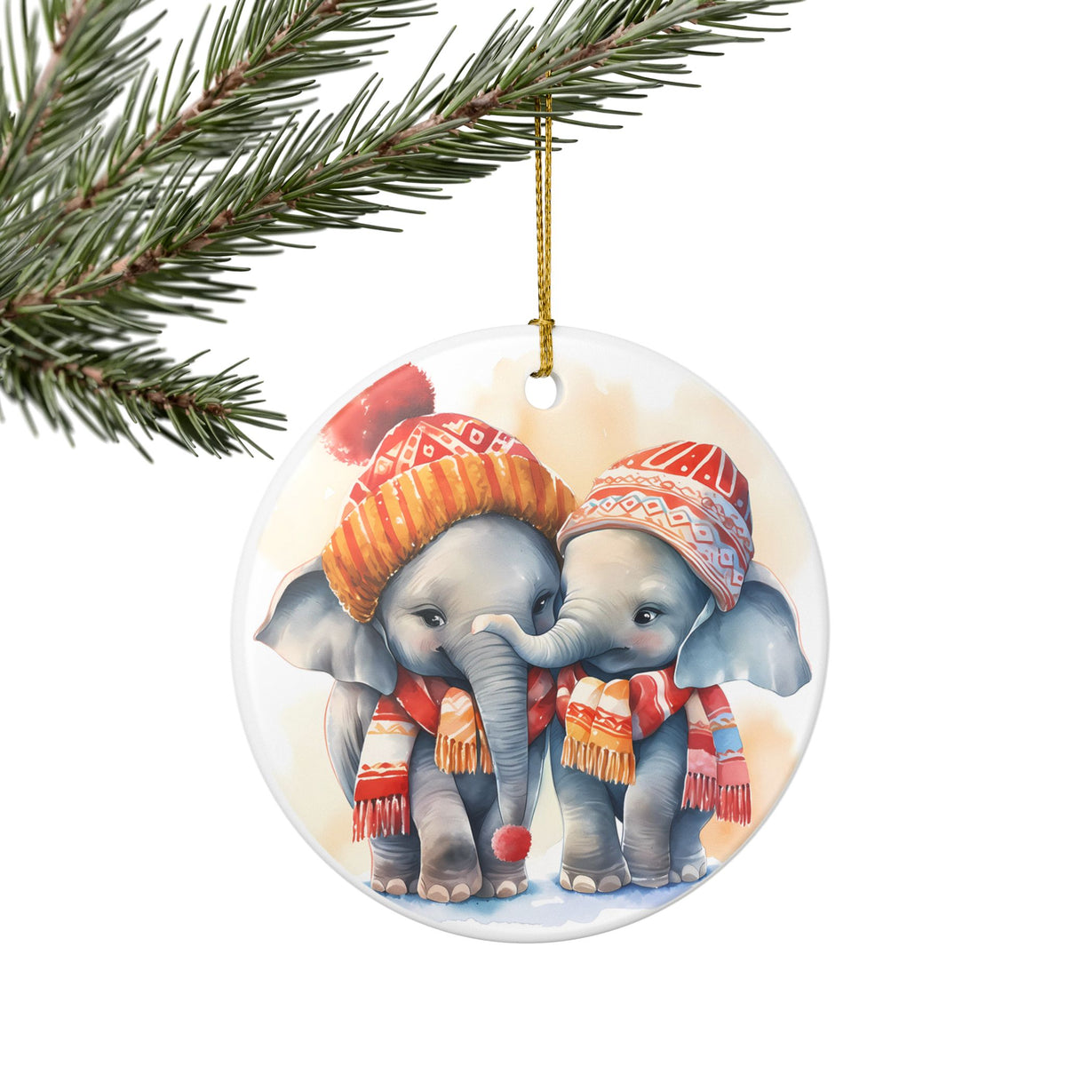 Adorable Winter Elephant Friends Ceramic Ornament    Item #604566