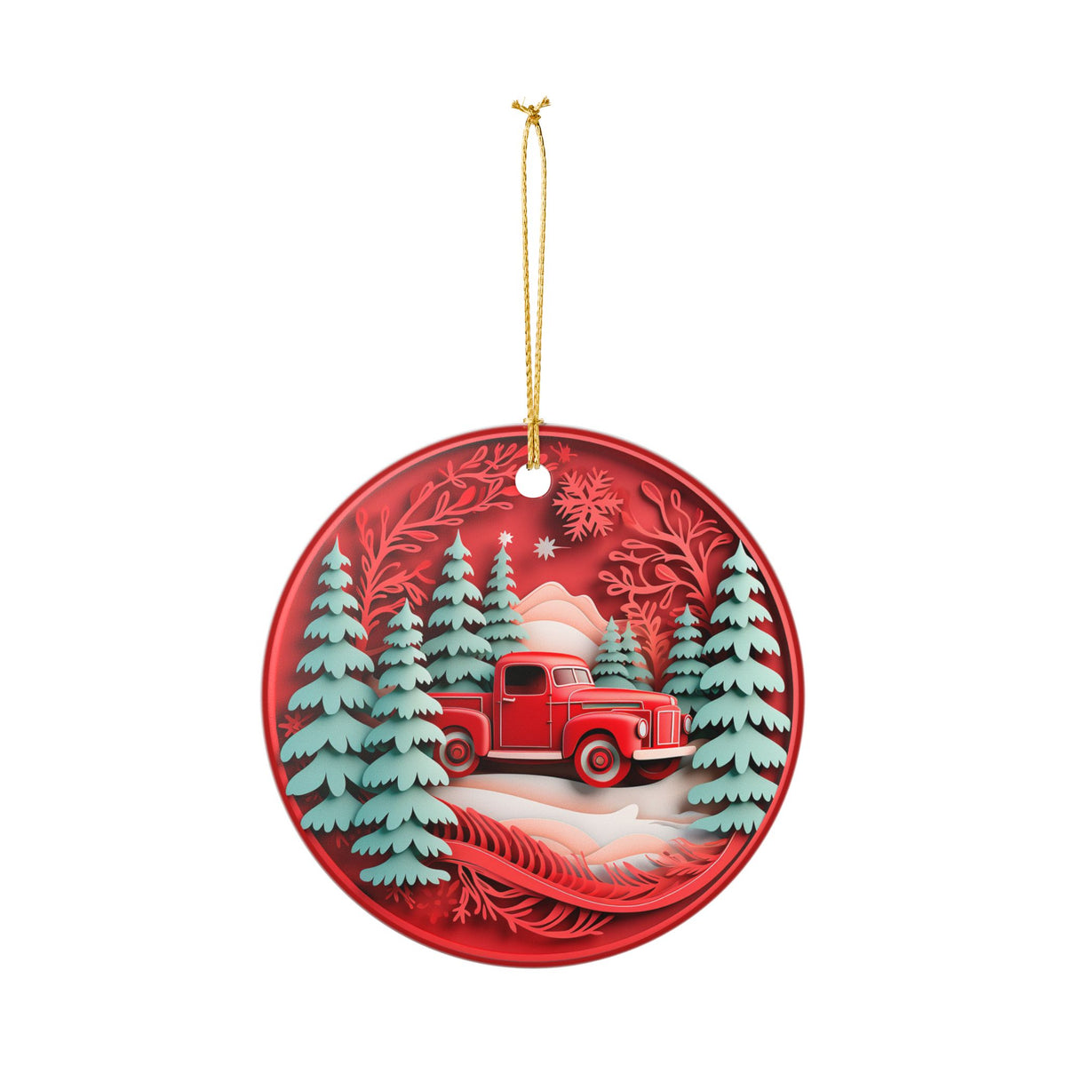 Ceramic Christmas Ornament with Red Vintage Truck and Winter Forest Design   Item #416355