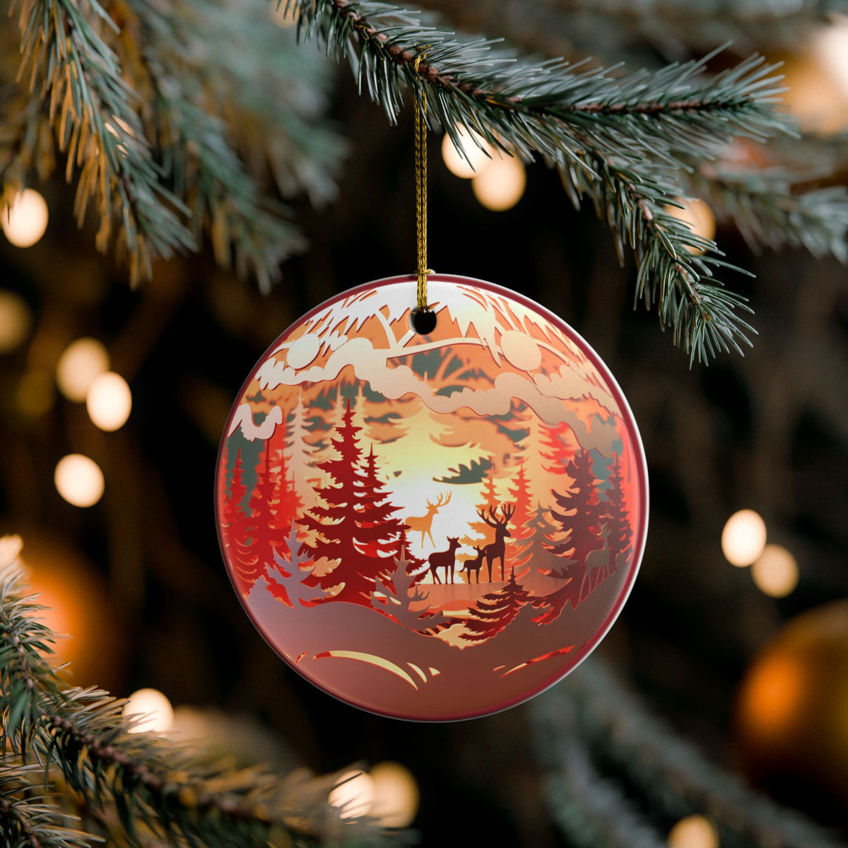 Ceramic Christmas Ornament – Rustic Woodland Deer Forest Scene   Item #783675