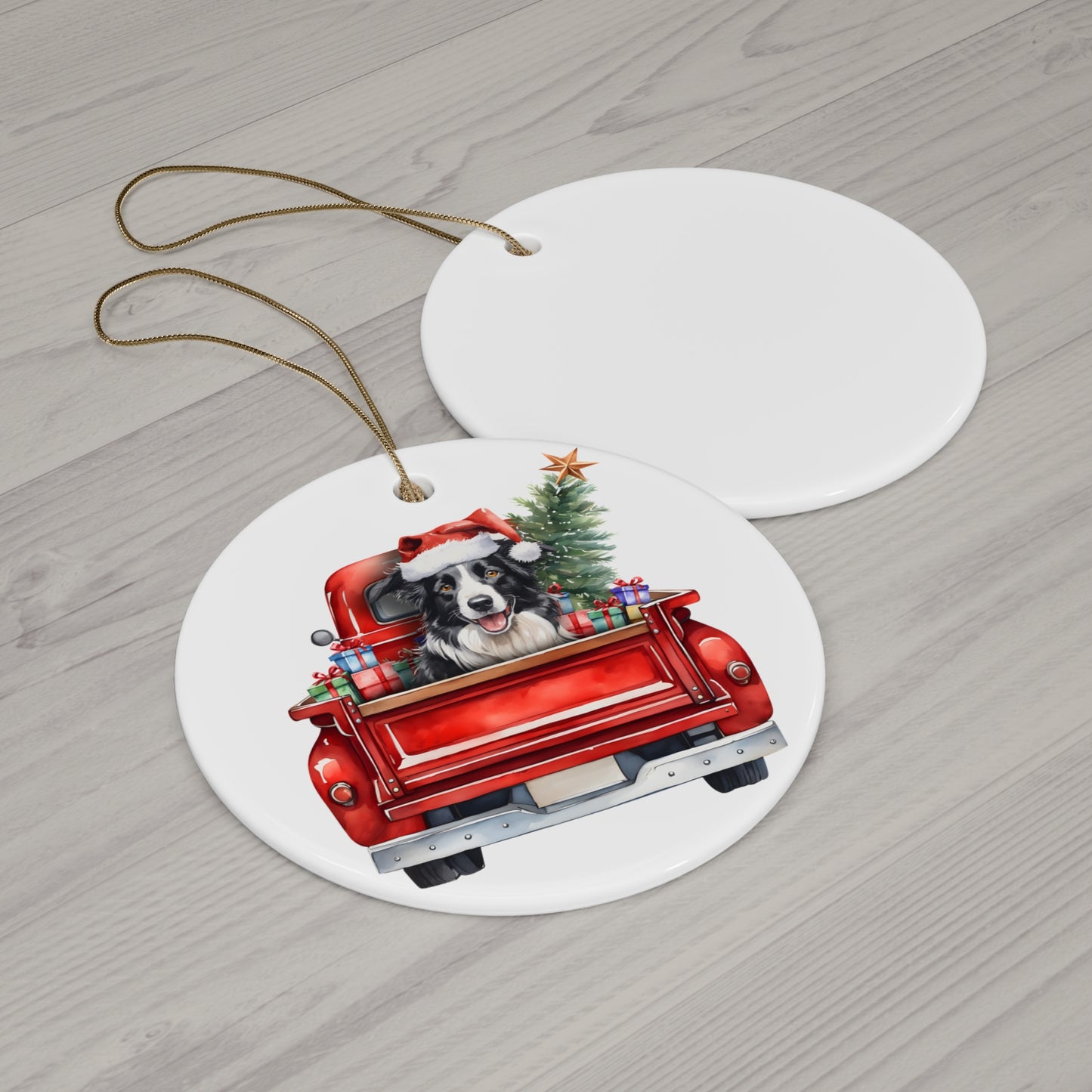 Border Collie Christmas Dog In Red Truck Ceramic Disc Ornament         Item #9696876