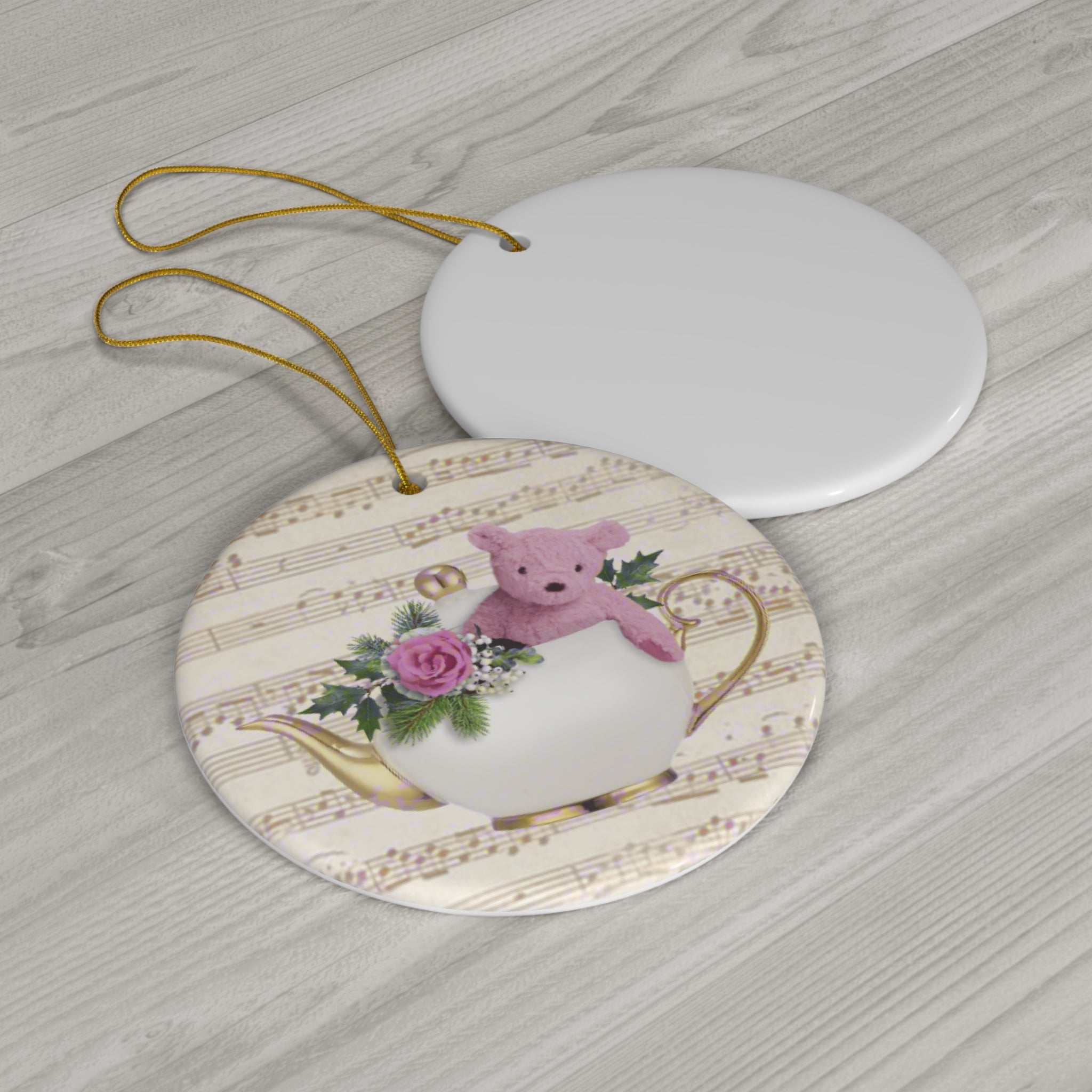 Tea Cup With Bear Ceramic Disc Ornament      Item #8617498 - Buckshot's Bargain Barn