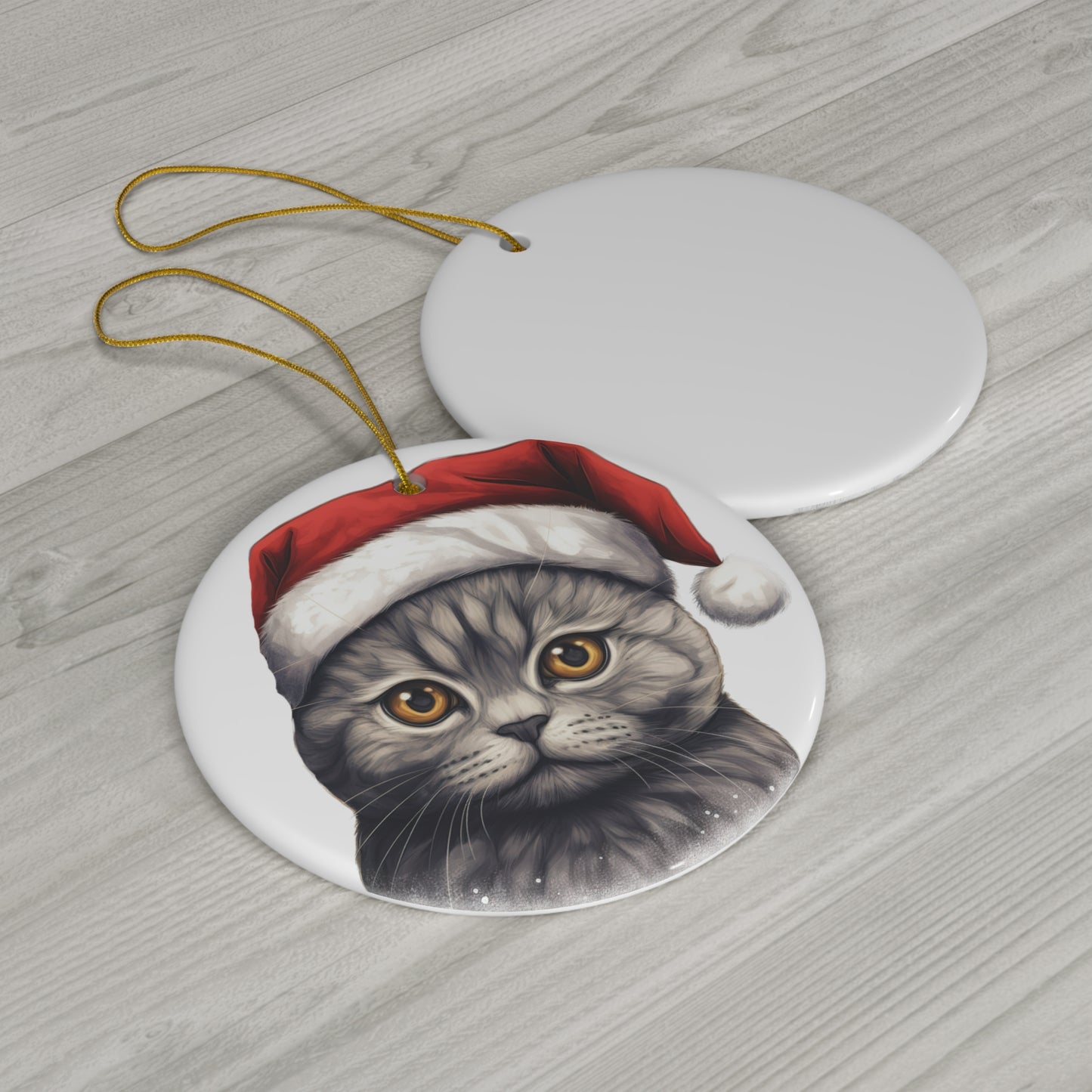 Scottish Fold Cat With Santa Hat Ceramic Ornament     Item #7964059