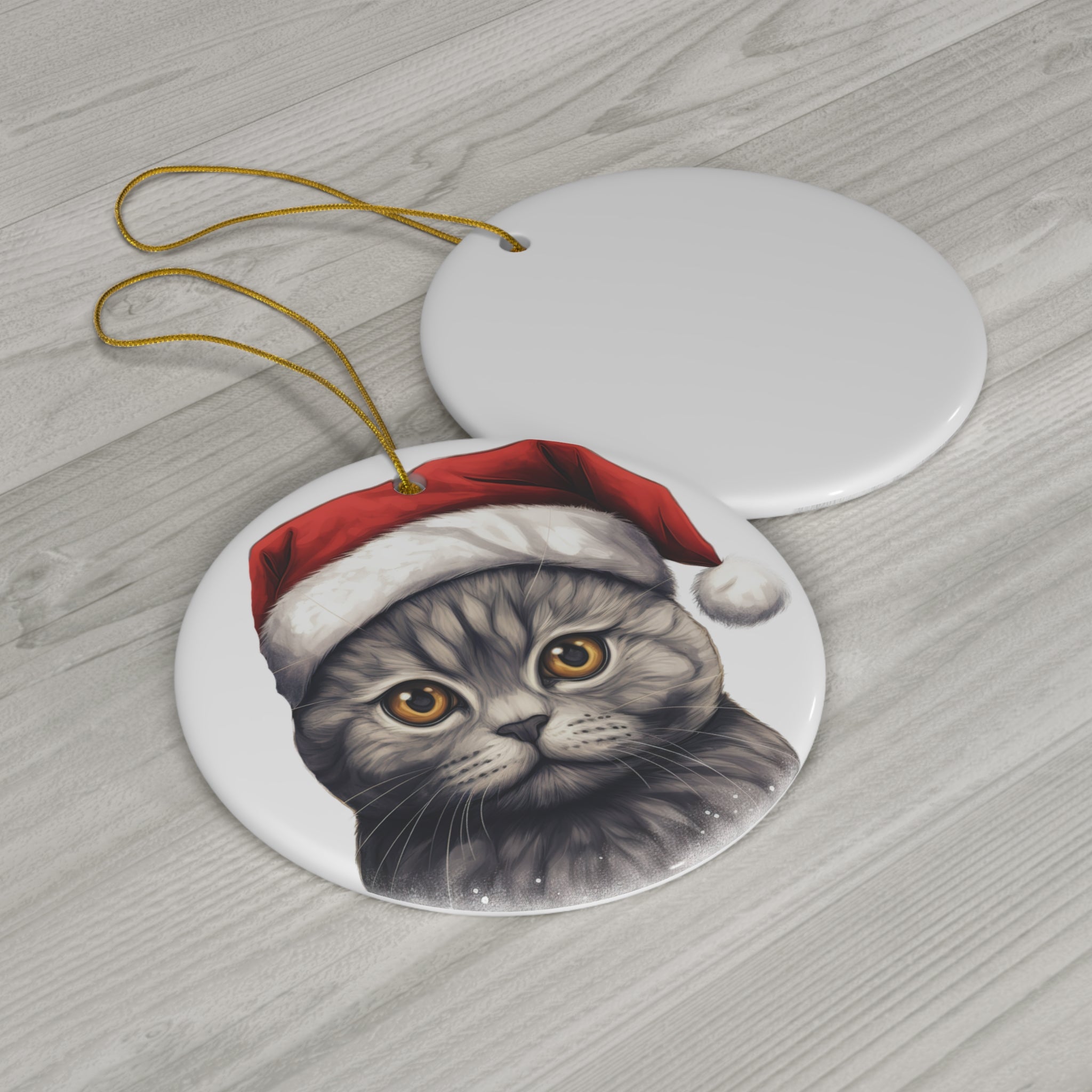 Scottish Fold Cat With Santa Hat Ceramic Ornament     Item #7964059