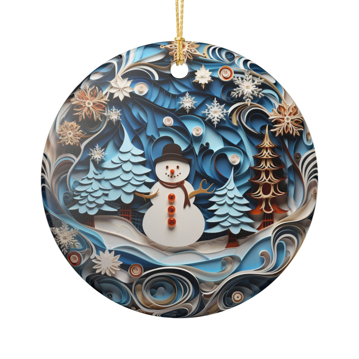 Ceramic Christmas Ornament with Snowman and Winter Forest Design    Item #776807