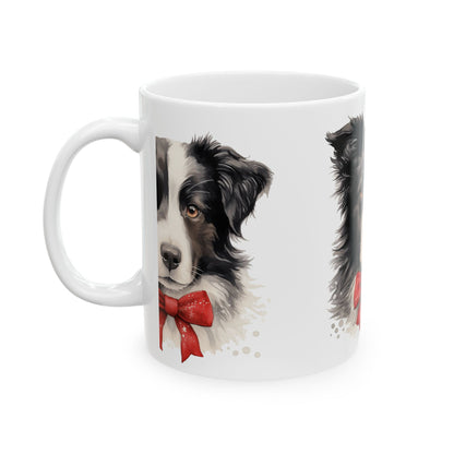 Border Collie Mug with Red Bow — Cute Dog Christmas Coffee Cup 11oz  Item #522897